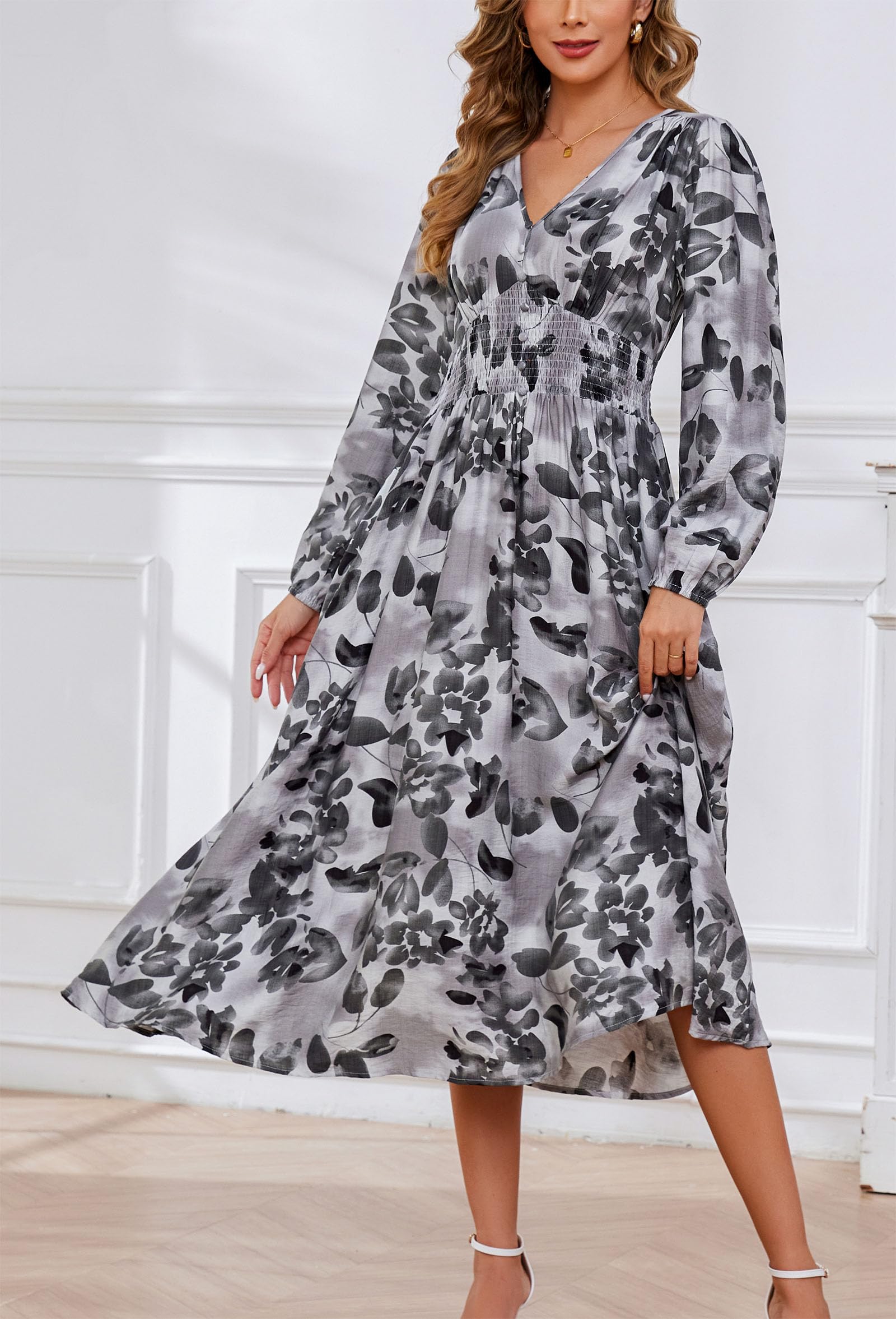 Kormei Women Casual Boho V Neck Long Sleeve Swiss Dot Smocked High Waist A Line Swing Fall Midi Long Dress