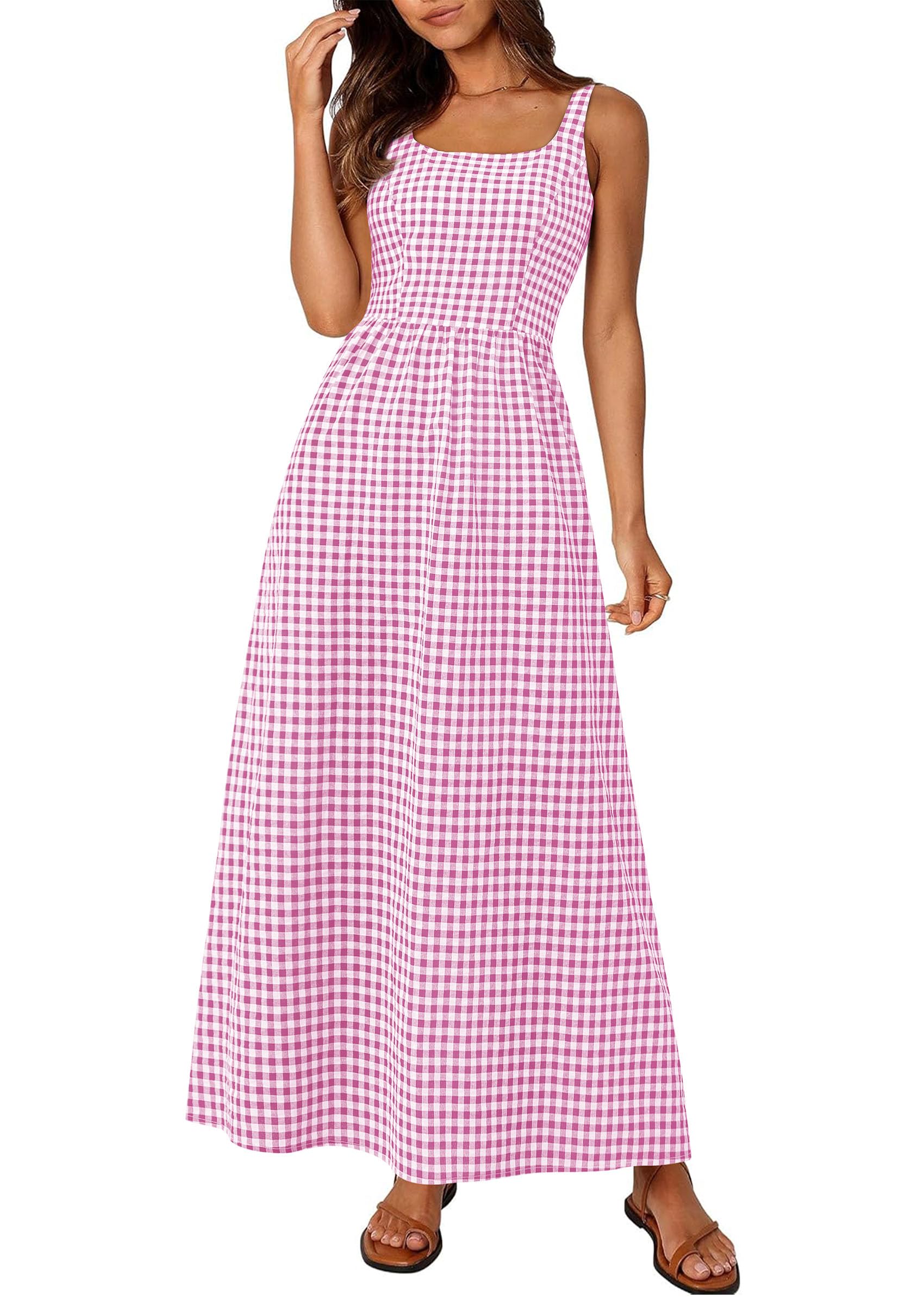 PRETTYGARDEN Women's 2026 Summer Spaghetti Strap Maxi Dresses Plaid Square Neck A Line Casual Beach Vacation Long Sundress