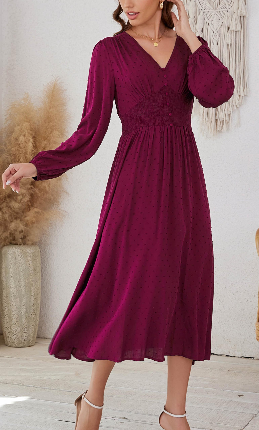 Kormei Women Casual Boho V Neck Long Sleeve Swiss Dot Smocked High Waist A Line Swing Fall Midi Long Dress