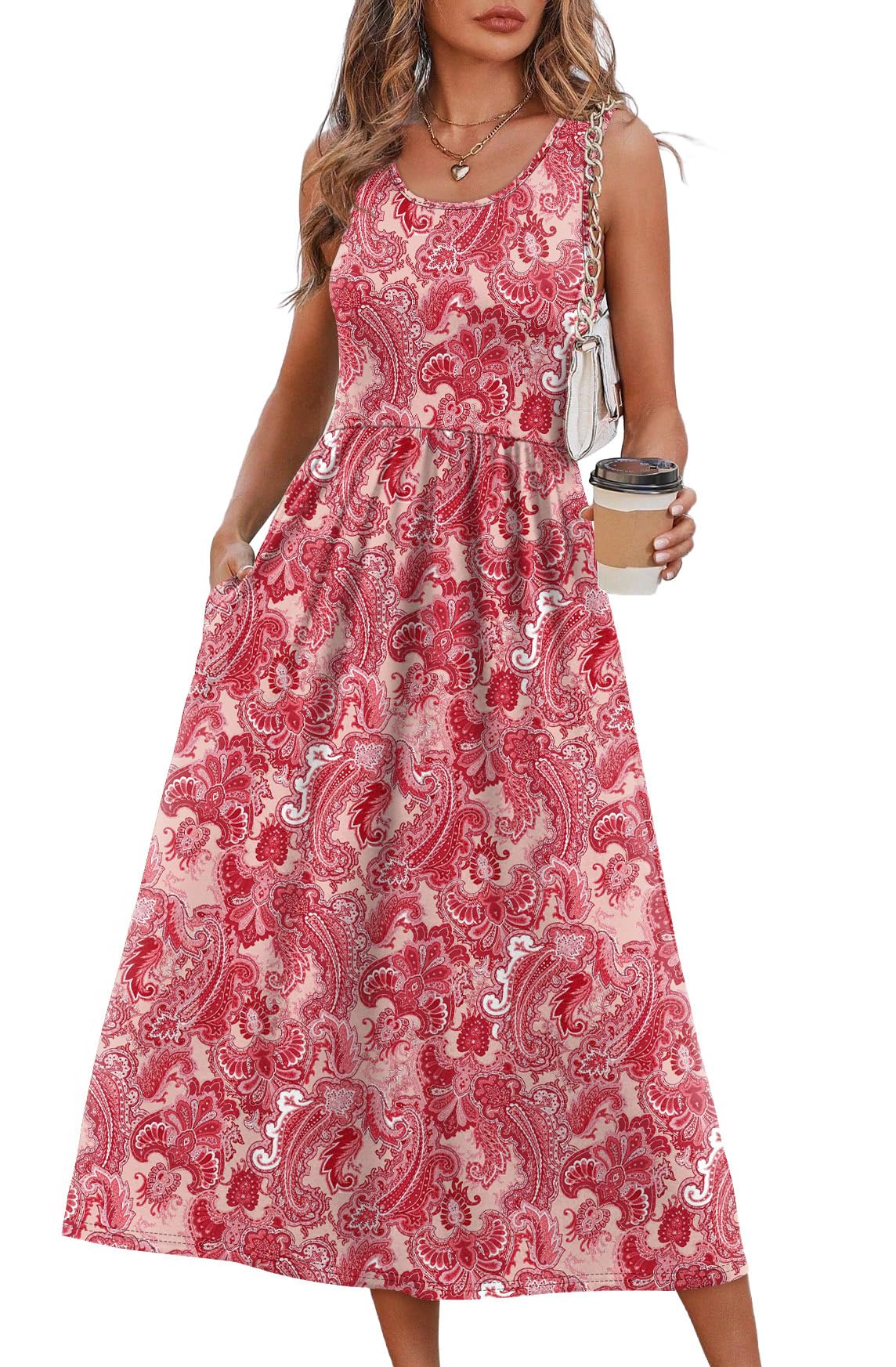 WIHOLL Summer Dresses for Women Flowy Casual Midi Dress Beach Vacation Sundresses with Pockets