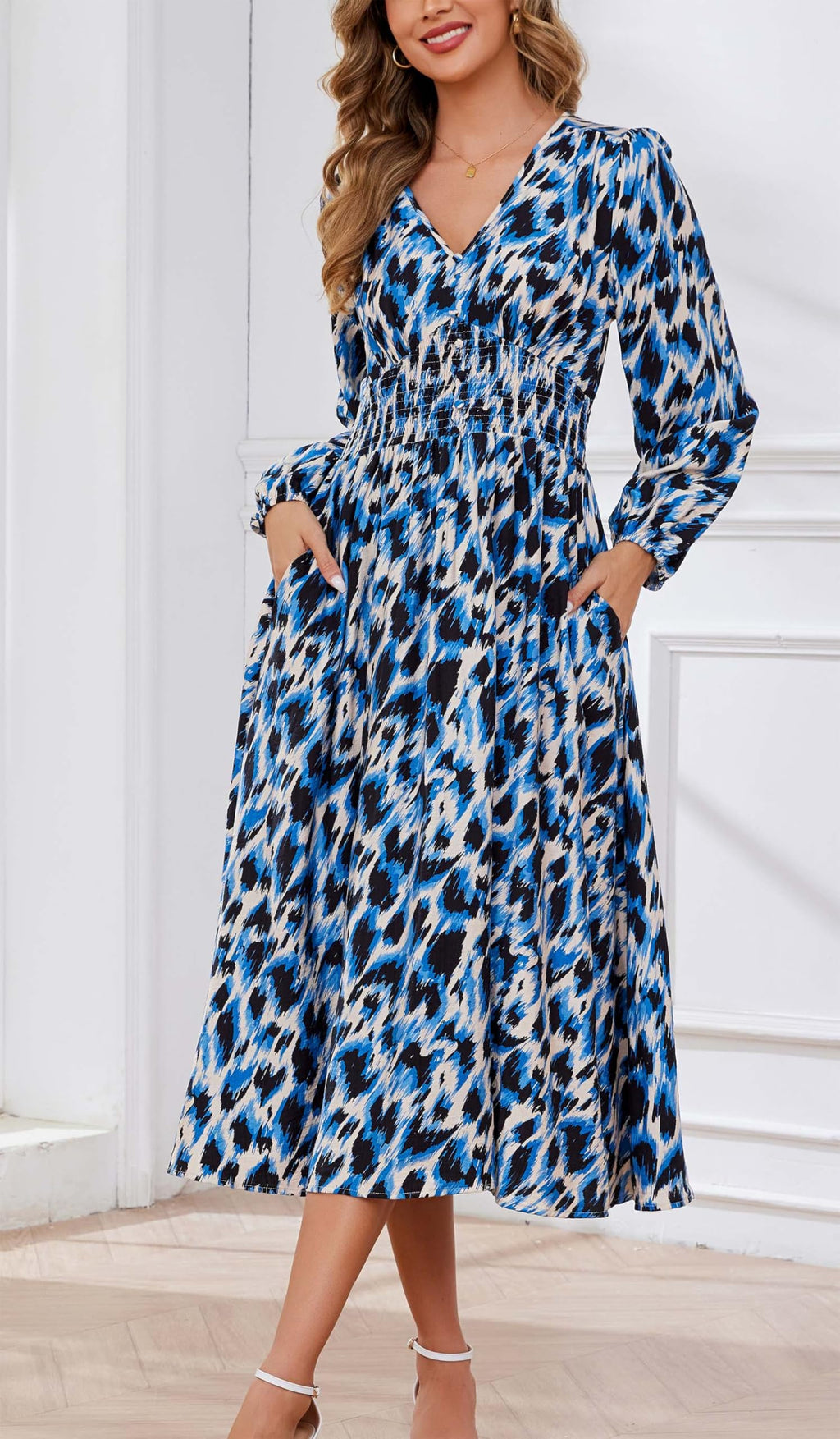 Kormei Women Casual Boho V Neck Long Sleeve Swiss Dot Smocked High Waist A Line Swing Fall Midi Long Dress