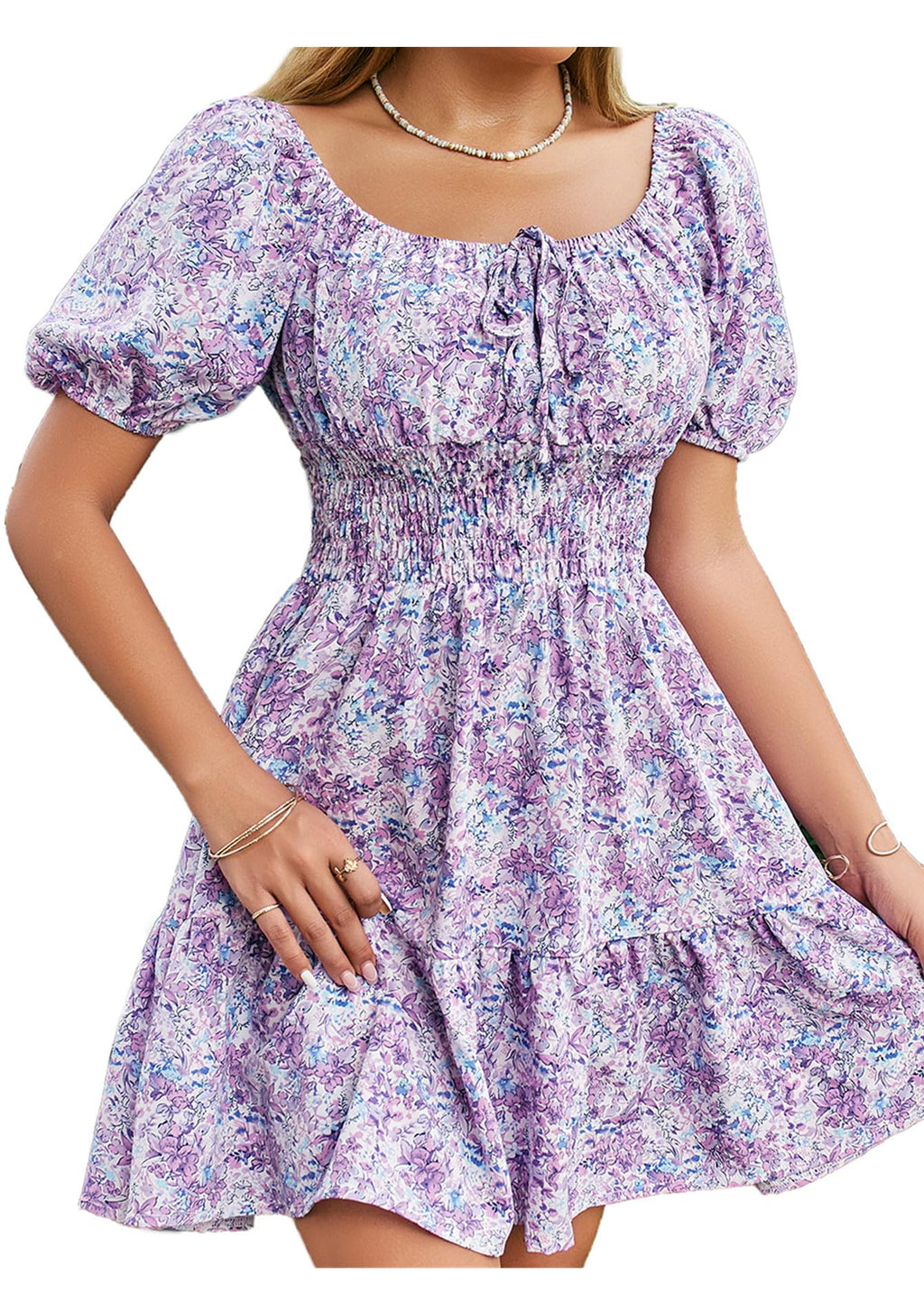 Floerns Women's Boho Square Neck Puff Short Sleeve Self Tie Front A Line Dress