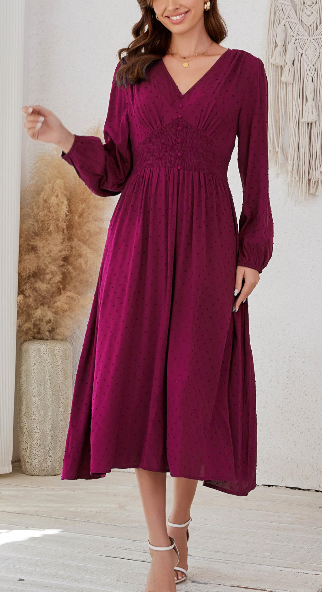 Kormei Women Casual Boho V Neck Long Sleeve Swiss Dot Smocked High Waist A Line Swing Fall Midi Long Dress