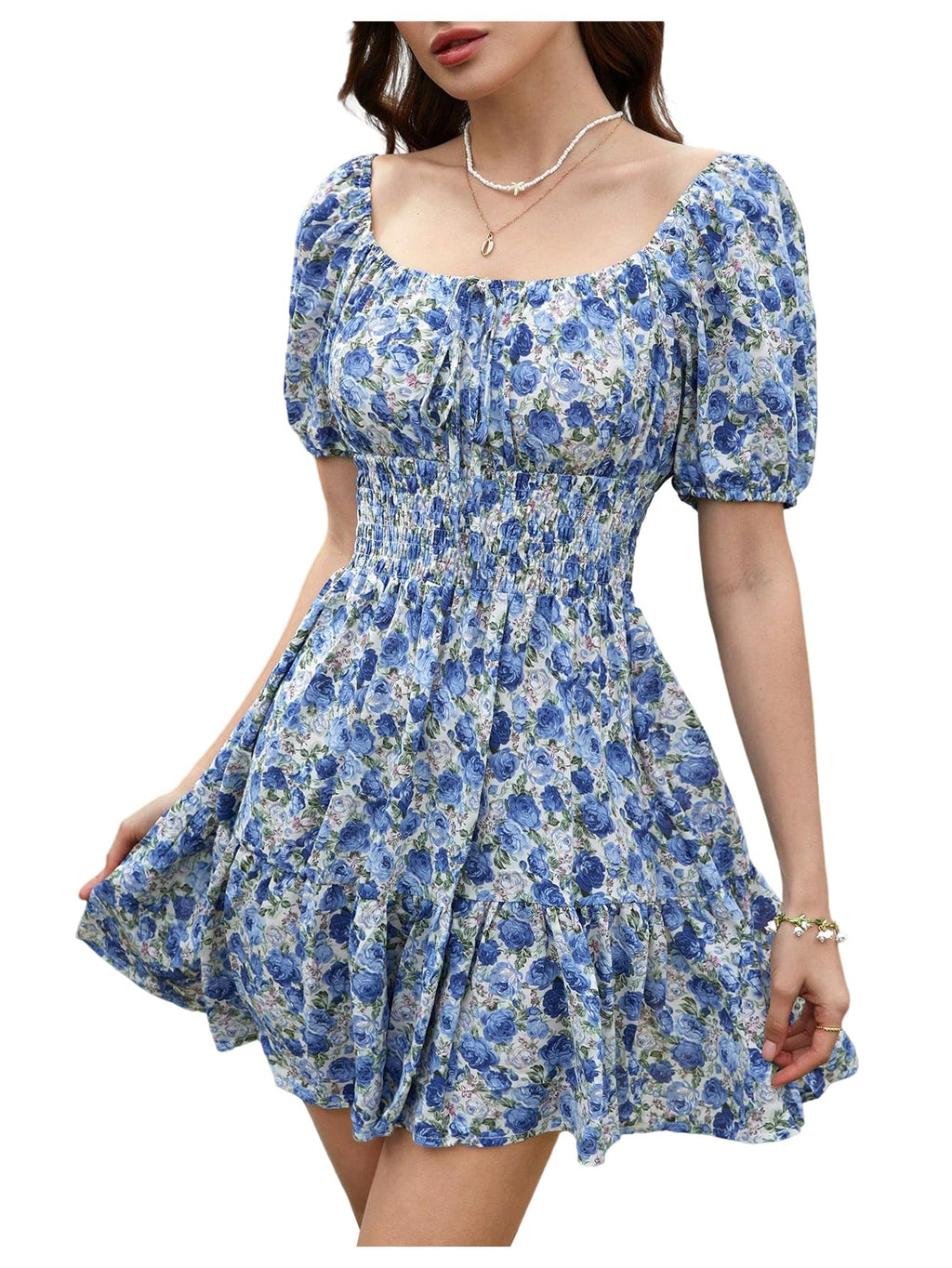 Floerns Women's Boho Square Neck Puff Short Sleeve Self Tie Front A Line Dress