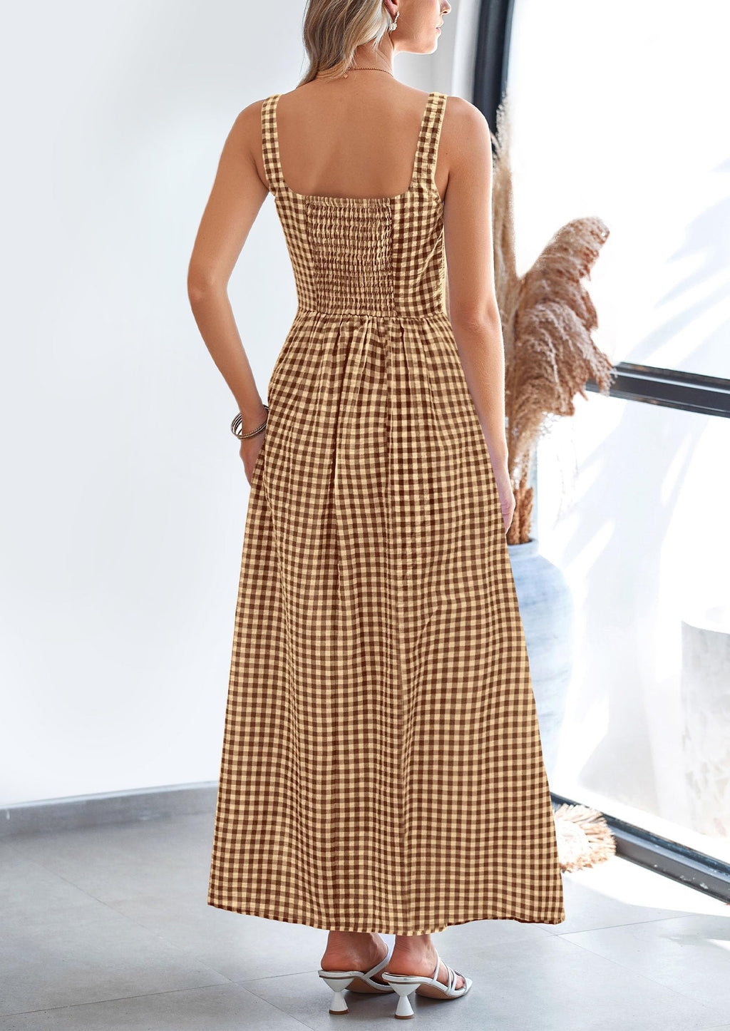 PRETTYGARDEN Women's 2026 Summer Spaghetti Strap Maxi Dresses Plaid Square Neck A Line Casual Beach Vacation Long Sundress