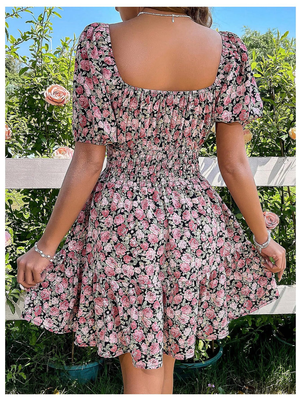 Floerns Women's Boho Square Neck Puff Short Sleeve Self Tie Front A Line Dress