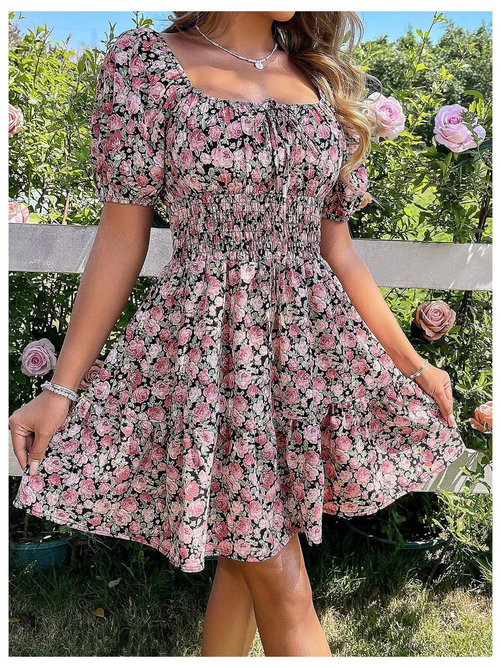 Floerns Women's Boho Square Neck Puff Short Sleeve Self Tie Front A Line Dress