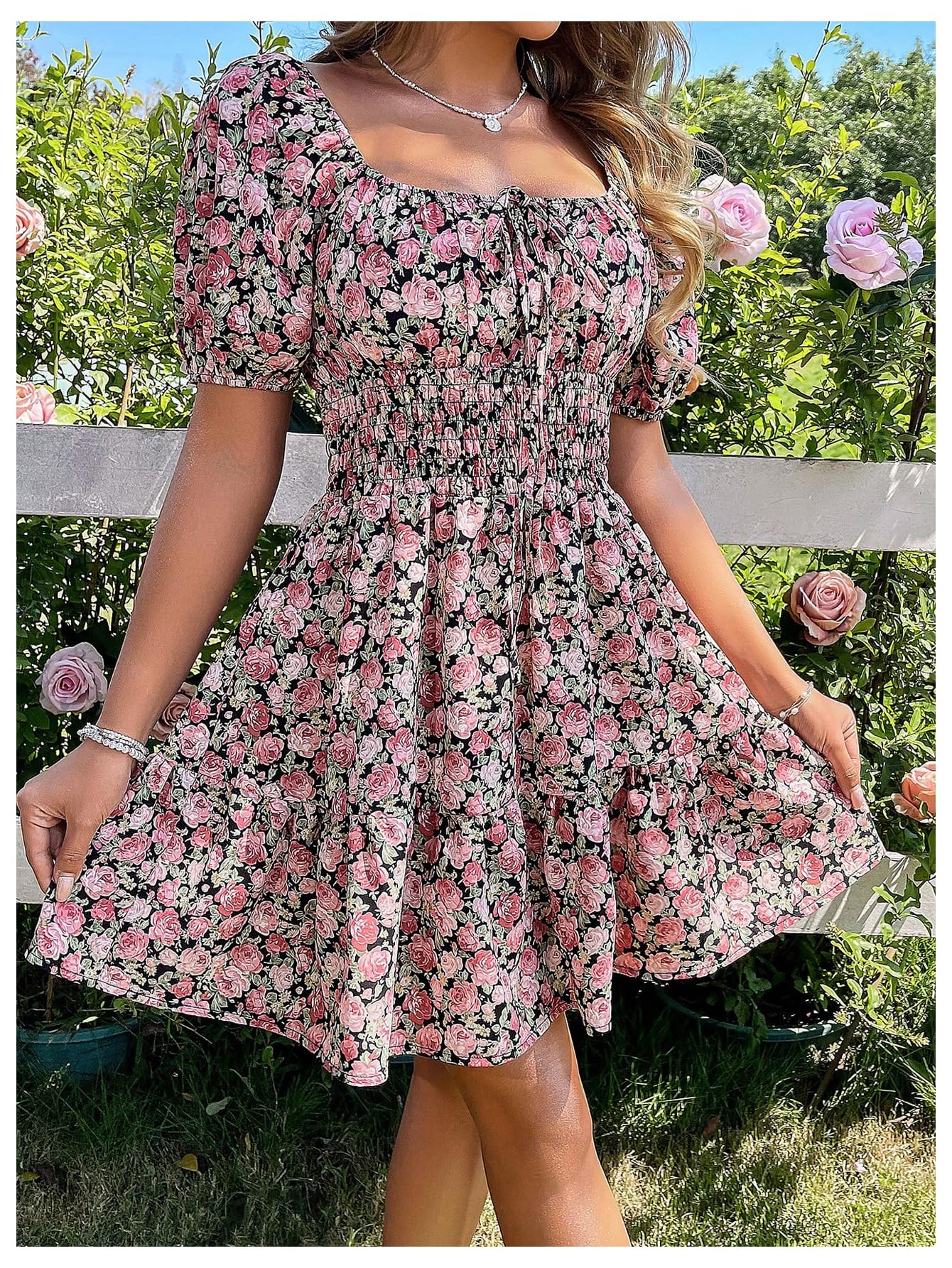 Floerns Women's Boho Square Neck Puff Short Sleeve Self Tie Front A Line Dress