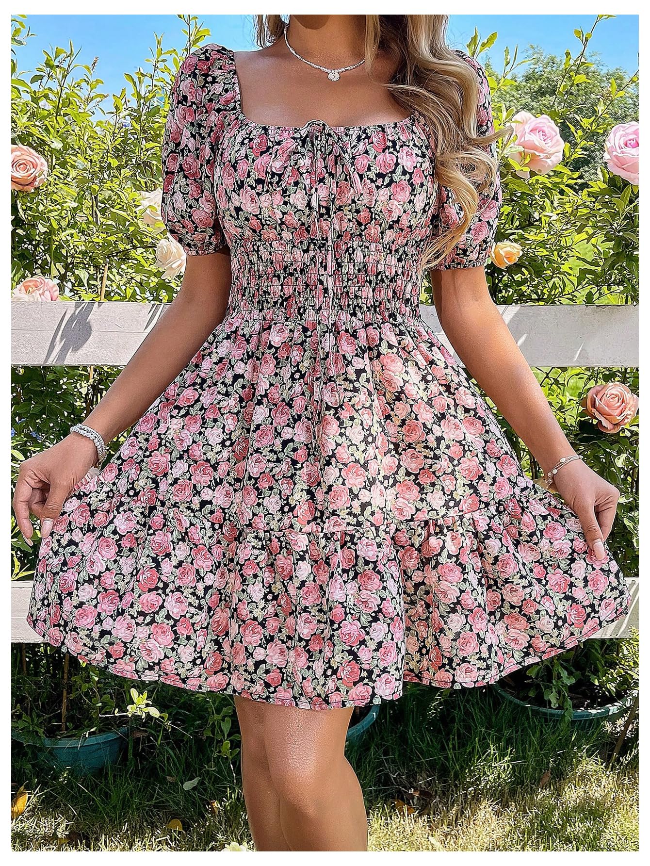 Floerns Women's Boho Square Neck Puff Short Sleeve Self Tie Front A Line Dress