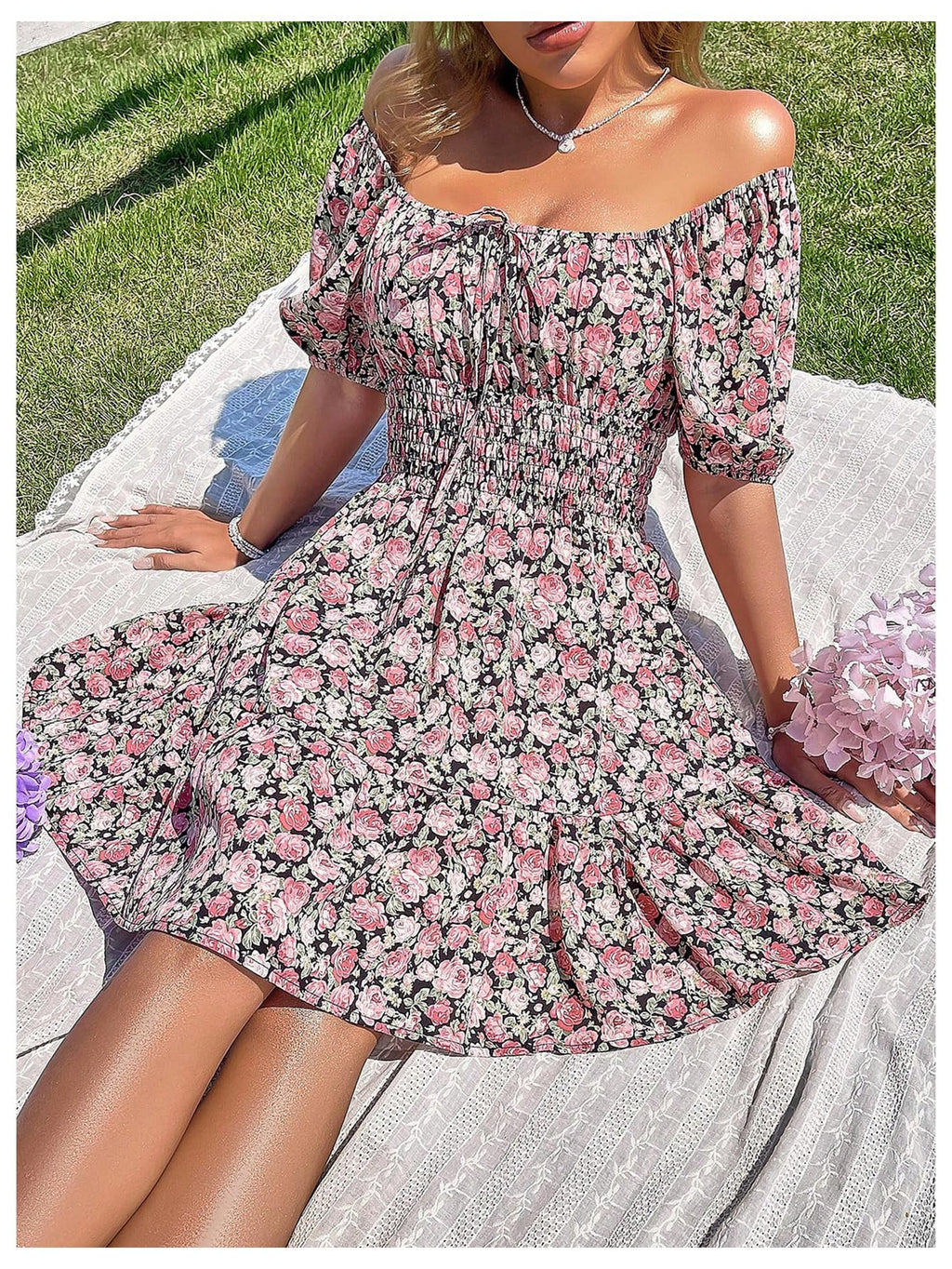 Floerns Women's Boho Square Neck Puff Short Sleeve Self Tie Front A Line Dress