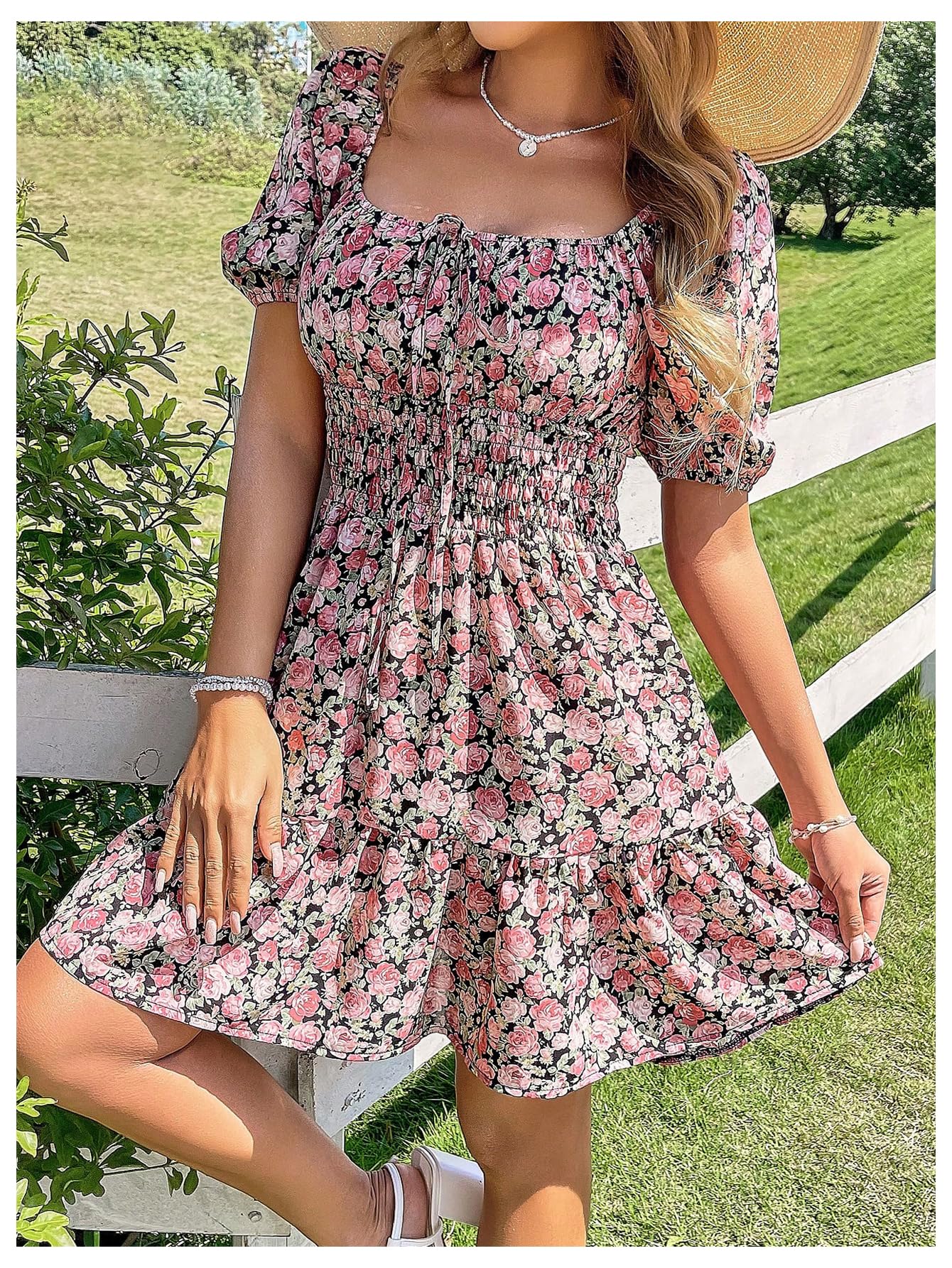 Floerns Women's Boho Square Neck Puff Short Sleeve Self Tie Front A Line Dress