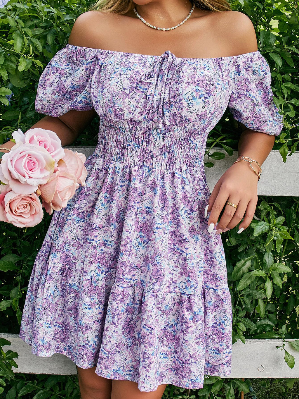 Floerns Women's Boho Square Neck Puff Short Sleeve Self Tie Front A Line Dress