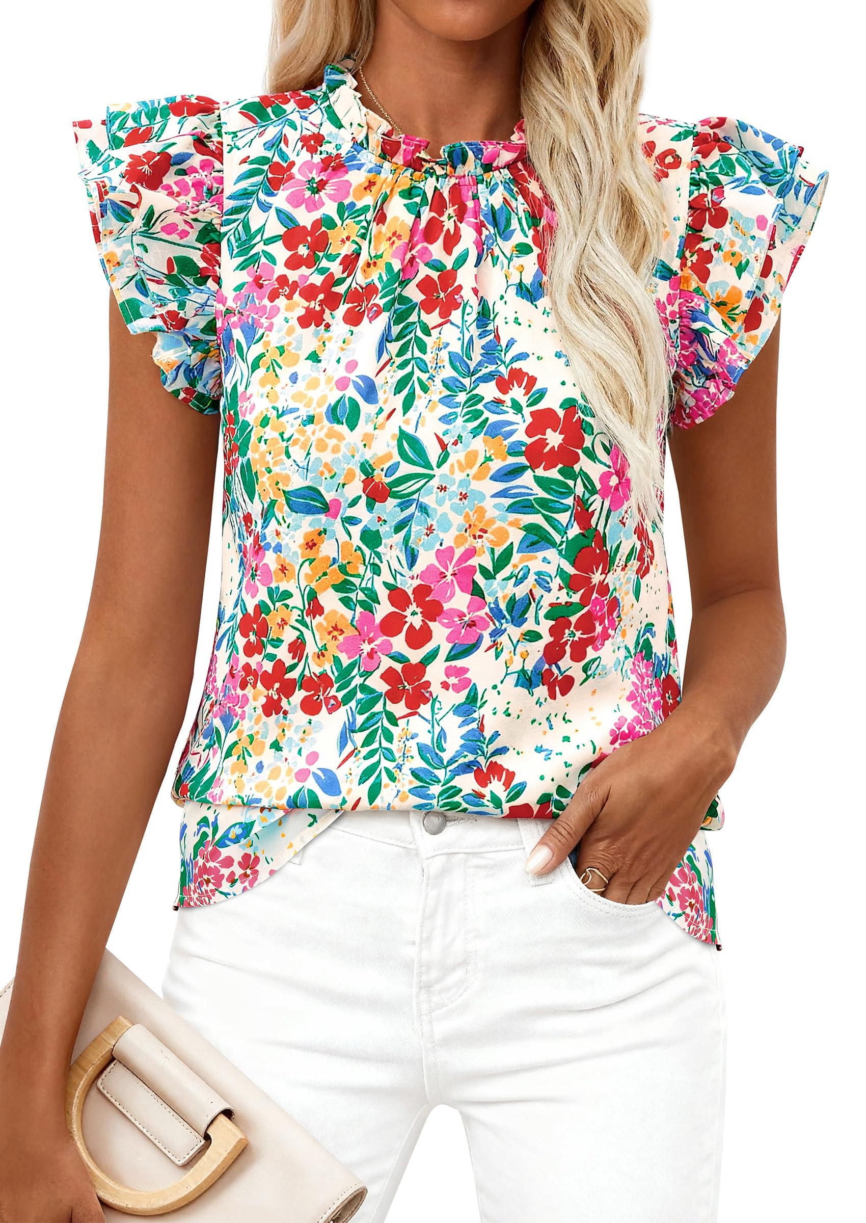 PRETTYGARDEN Women's Ruffle Short Sleeve Summer Tops 2026 Trendy Floral Trim Neck Casual Dressy Chiffon Boho Blouses Shirts