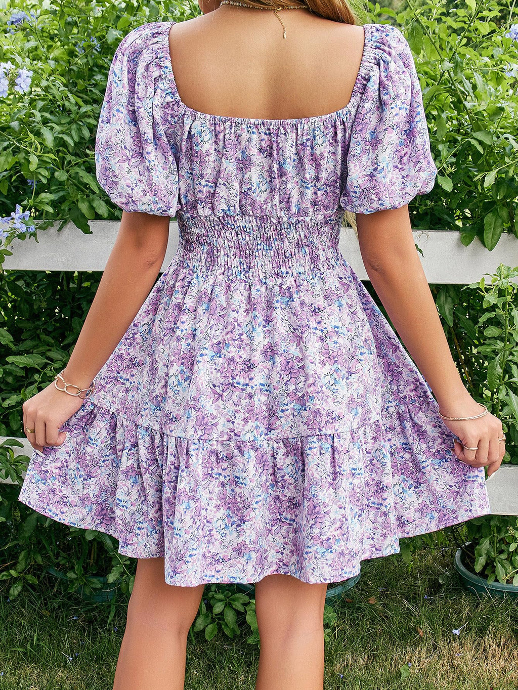 Floerns Women's Boho Square Neck Puff Short Sleeve Self Tie Front A Line Dress