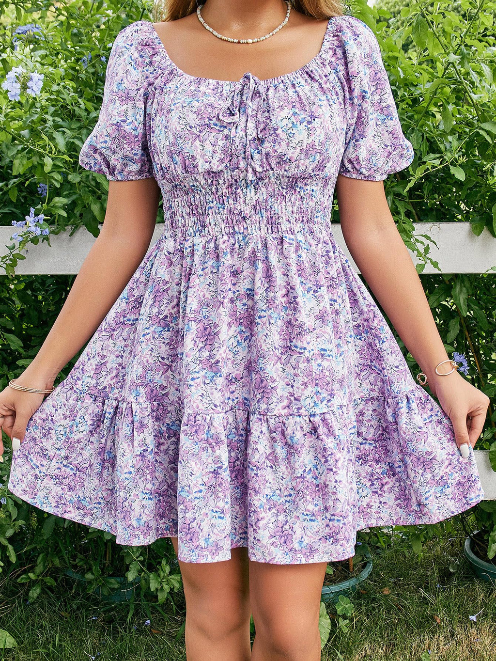 Floerns Women's Boho Square Neck Puff Short Sleeve Self Tie Front A Line Dress