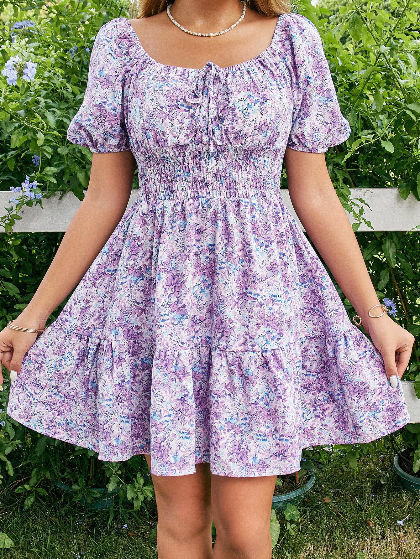 Floerns Women's Boho Square Neck Puff Short Sleeve Self Tie Front A Line Dress