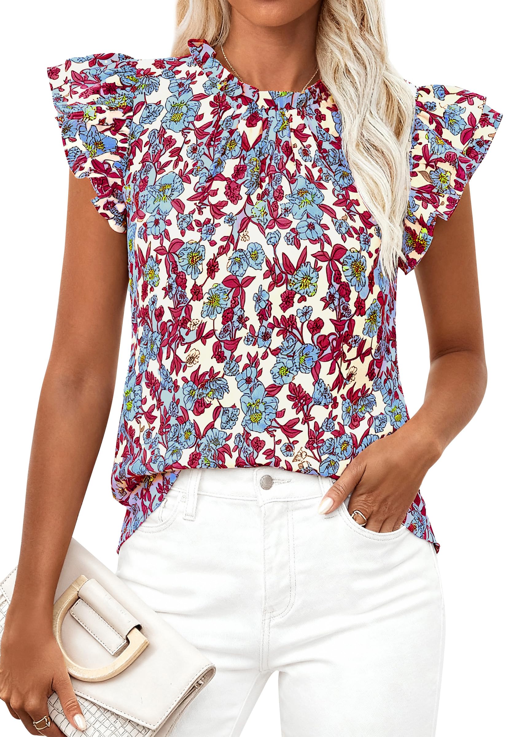 PRETTYGARDEN Women's Ruffle Short Sleeve Summer Tops 2026 Trendy Floral Trim Neck Casual Dressy Chiffon Boho Blouses Shirts