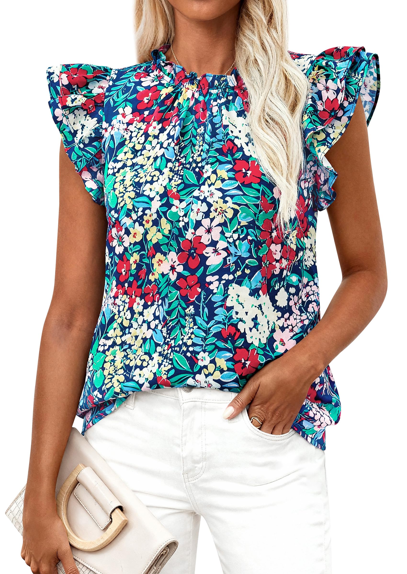 PRETTYGARDEN Women's Ruffle Short Sleeve Summer Tops 2026 Trendy Floral Trim Neck Casual Dressy Chiffon Boho Blouses Shirts